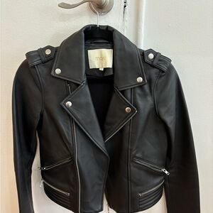 Maje Black Leather Biker Jacket with Silver Hardware